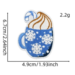 Detailed view of blue Christmas embroidery patch with size dimensions and snowflake pattern