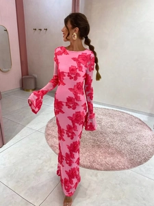 Pink slim-fit long-sleeve maxi dress with 3D floral embroidery and mesh details