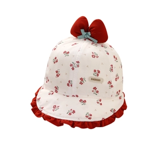 Cappello da sole floreale neonata con fiocco rosso e bordo ondulato 5-18 mesi