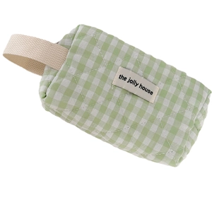 Quilted green and white gingham makeup bag with handle and 'the jolly house' label