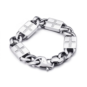 Bracelet Croix En Acier Inoxydable Pour Hommes Chaîne Cuban Link Zircon Strass Plaque Rectangulaire Hip Hop Punk Rock Bijoux Couleur Argent