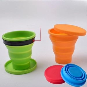 Detailed view of colorful silicone folding cups with lids and reinforced rings