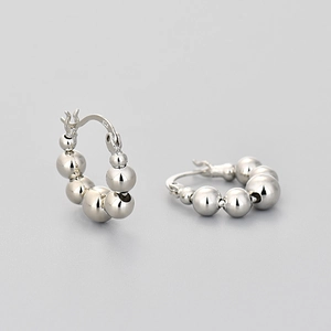 Minimalist S925 sterling silver beaded hoop earrings with smooth metallic finish