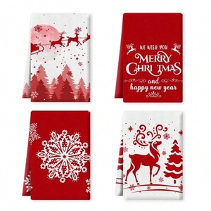 Set of 4 Christmas microfiber kitchen towels featuring festive reindeer and Santa prints