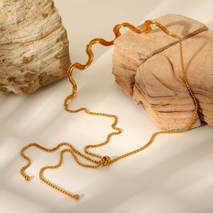 18K gold plated stainless steel wavy adjustable necklace with minimalist box chain