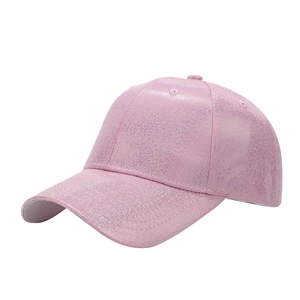 Pink holographic PU leather baseball cap with metallic shimmer and curved brim for outdoor sun