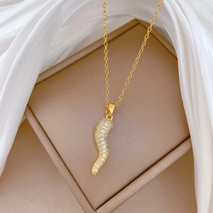 Elegant gold titanium steel cornicello pendant necklace with sparkling white zircons