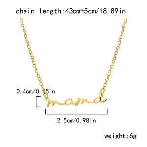Detailed size specifications for gold Mama pendant necklace with chain length info