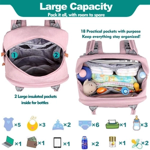 Detailed view of the large capacity pink diaper bag with 18 functional storage pockets