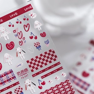 3D embossed nail art stickers featuring red rabbits, hearts and cherry patterns, FS-047