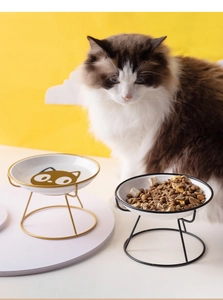 Detail eines erhöhten Keramik-Katzenfressnapfes mit Goldständer und Katzenmotiv am Boden
