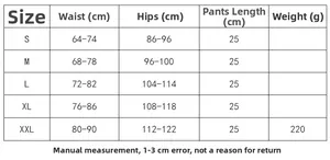 Größentabelle für High-Waist-Shorts mit Taillen- und Hüftmaßen in Zentimetern und Gewichten