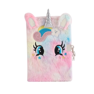 Detailed view of rainbow plush unicorn diary with silver lock and heart-shaped keys