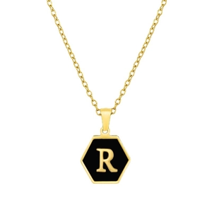 Golden stainless steel hexagon necklace with black enamel inlay and letter R pendant