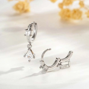 Minimalist silver square zircon hoop earrings with geometric kite pendant for men and women