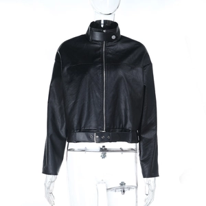 Close-up of black PU leather jacket featuring adjustable waist belt and metal zipper