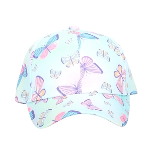 Detailed view of kids' tie-dye baseball cap with colorful butterfly print and breathable fabric