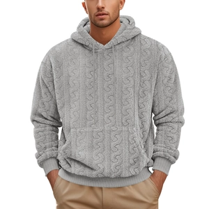 Men's grey hooded teddy fleece hoodie featuring cable knit texture and kangaroo pocket