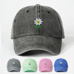 Baseball Cap Washed Cotton Style Embroidered Daisy Flower Smiley Face Vintage Adjustable Sun Hat For Men Women