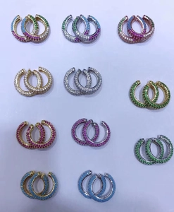 Colorful C-shaped CZ cuff earrings with gold and silver plating in nine-grid layout
