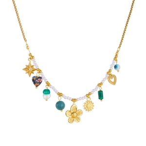 Bohemian gold stainless steel necklace with pearls, sunflower, and multi-element charms