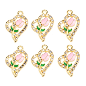 Pink tulip heart pendants with crystals in a gold alloy frame for DIY jewelry making