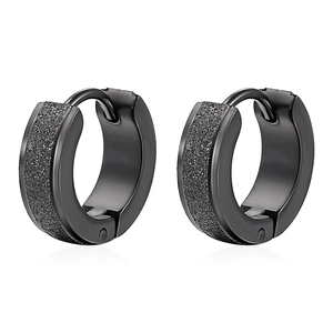 Polished and frosted black stainless steel hoop earrings with secure click closure