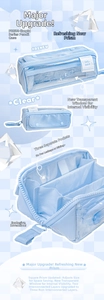 Three-layer light blue pencil case with clear window and portable handle detail