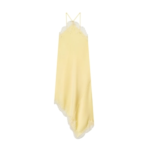 Elegant yellow satin halter dress with white lace trim and asymmetrical hemline detail