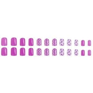 24-piece short round press-on nails set with purple floral patterns and white plaid patterns