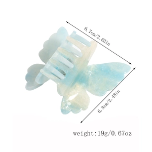 Blue 3D double-layered butterfly hair claw clip with golden glitter and size specs