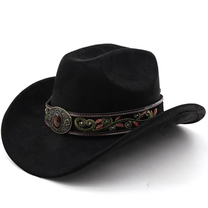 Classic black suede western cowboy hat with ethnic embroidery and bronze buckle detail