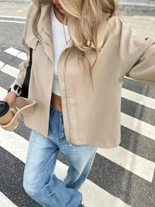 Women's beige loose jacket with zipper and lapels in American retro street style