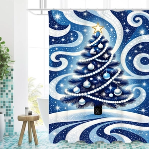 Christmas tree shower curtain with blue snowflake pattern for holiday bathroom decor