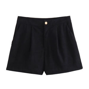 Pantaloncini In Velluto A Coste Da Donna Vita Alta Pieghe Casual Vestibilità Morbida Bottone Dorato Tasche Laterali Stile Retrò