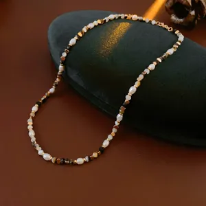 French vintage freshwater pearl and natural stone necklace with gold metal accents
