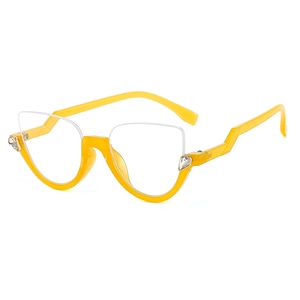 Fashionable yellow cat-eye semi-rimless glasses frame with rhinestones and geometric temples