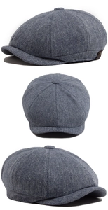 Detailed views of a blue-grey newsboy cap featuring classic eight-panel texture and side tag