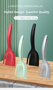 Nylon 2-in-1 spatula and food tongs in four colors shown on a wooden kitchen surface