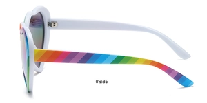 Side view of white heart-shaped sunglasses featuring colorful rainbow striped temples
