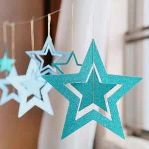 Hanging blue glitter star ornaments with 3D hollow design for wedding and party decor