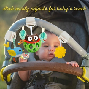 Adjustable baby stroller arch with colorful owl and bird plush toys for newborn sensory play