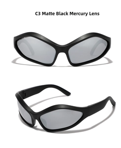 Detail view of matte black wrap around sports sunglasses with silver mirrored lenses