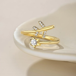 Macro shot of 925 sterling silver gold ring with airplane and zircon star design