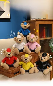 Detailed group shot of plush teddy bears in six colors wearing hats and flight jackets