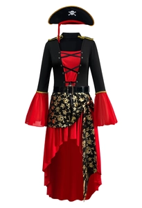 Detailed view of women's pirate cosplay set with corset-style dress and skull hat