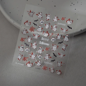 5D embossed Halloween nail stickers featuring cute ghosts, red bats and gold spider webs