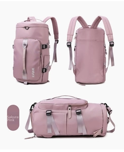 Detailed views of cherry blossom pink travel backpack with dual handles and side straps
