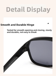 Detail view of reinforced hinge and CE specification markings on black sunglasses