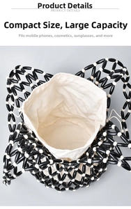 Close-up of interior capacity of a handmade black and white wooden bead bucket bag.